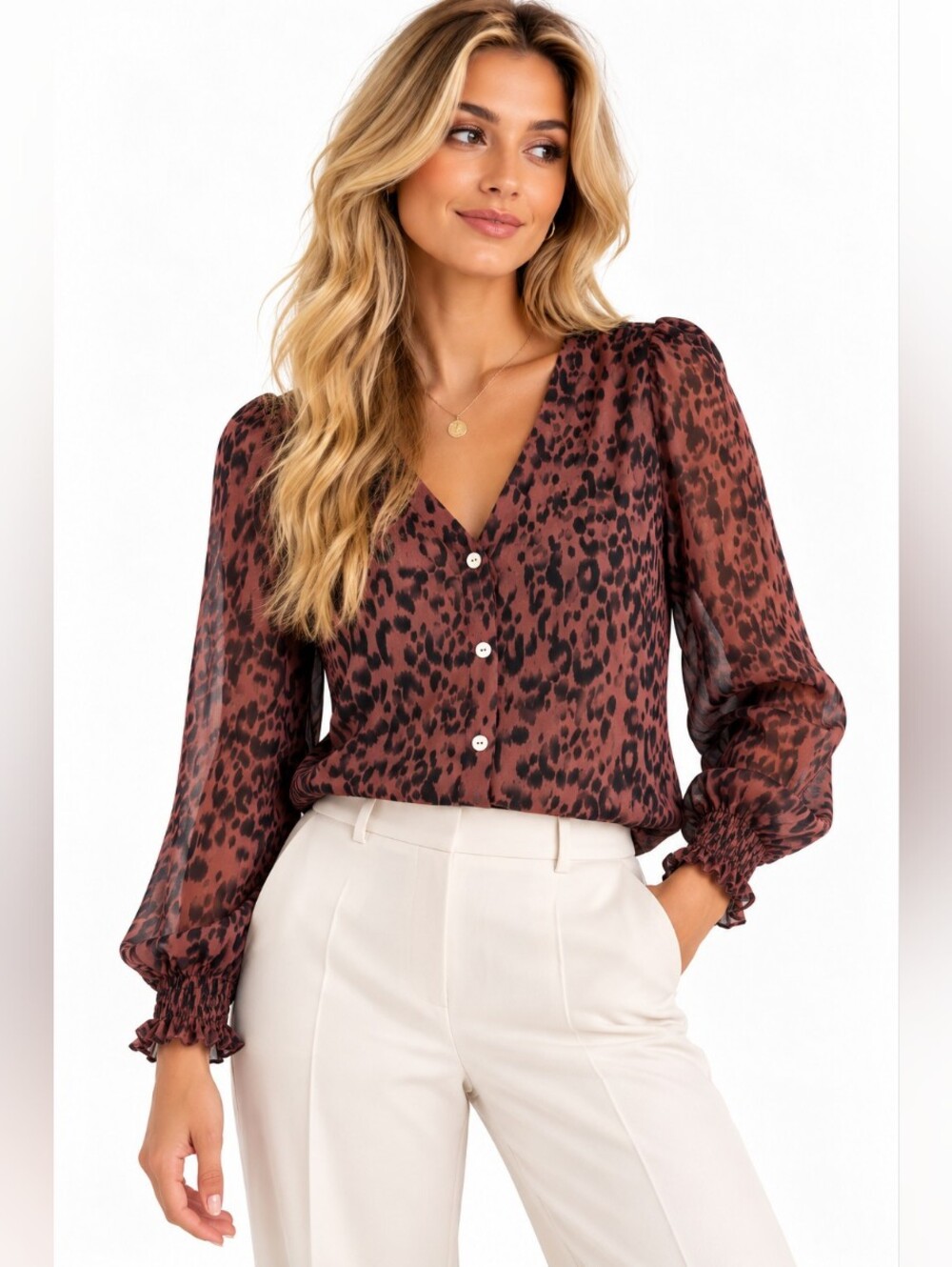 West Kei Leopard Print Sheer Button Front Blouse Brown Black Medium